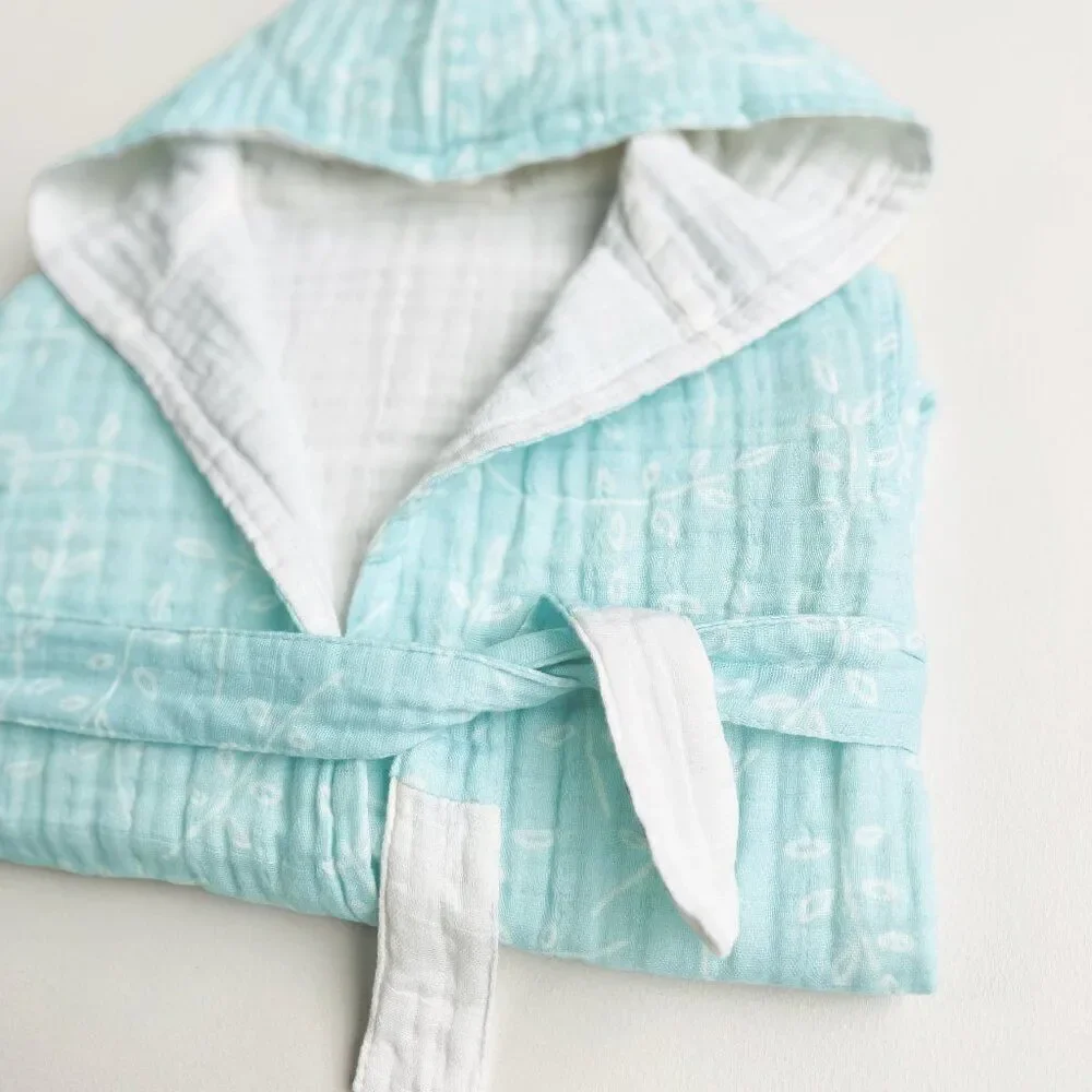 KIDS Organic Muslin Cotton Bathrobe - Reversible Blue Leaves